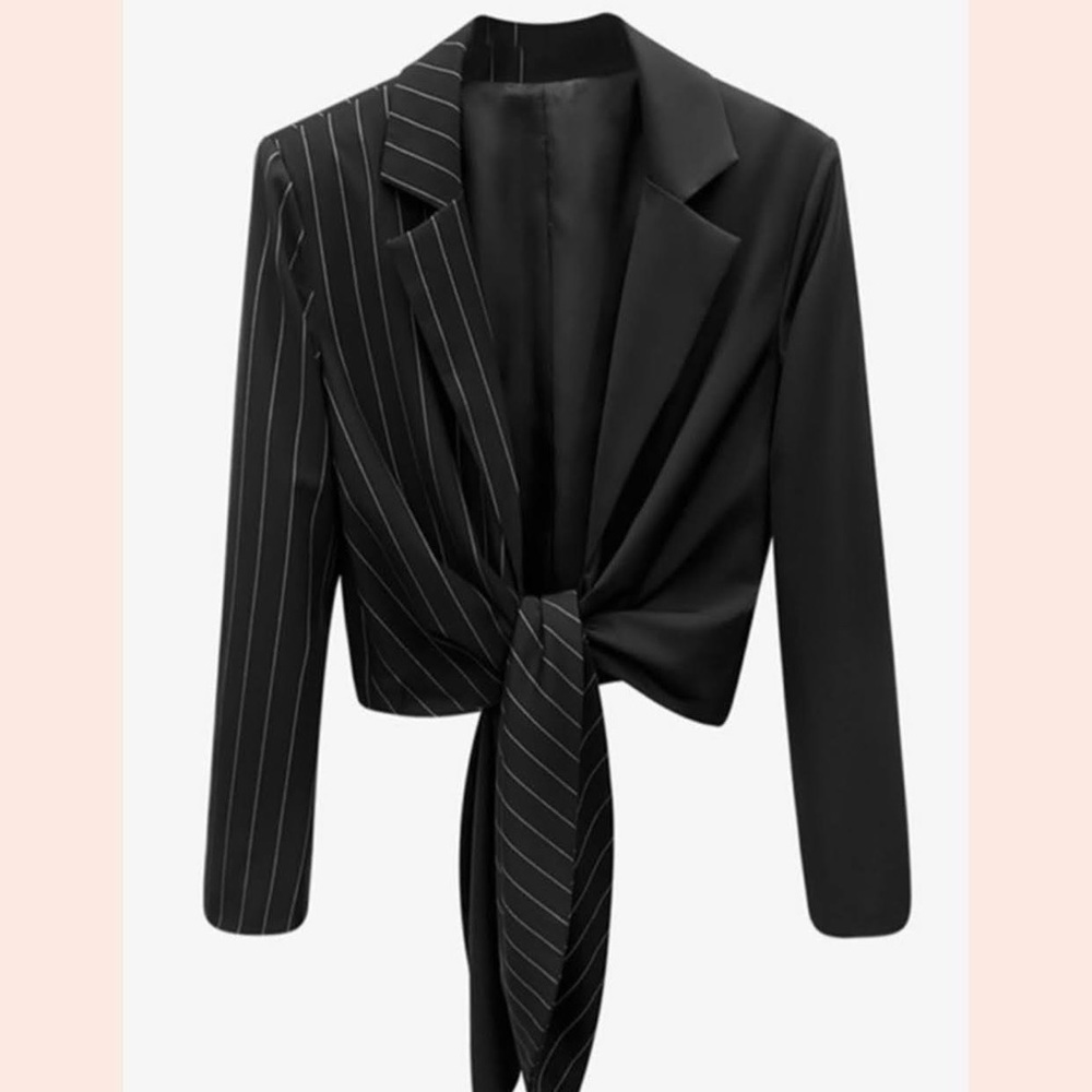 Women’s Black Pinstripe Tie-Front Blazer